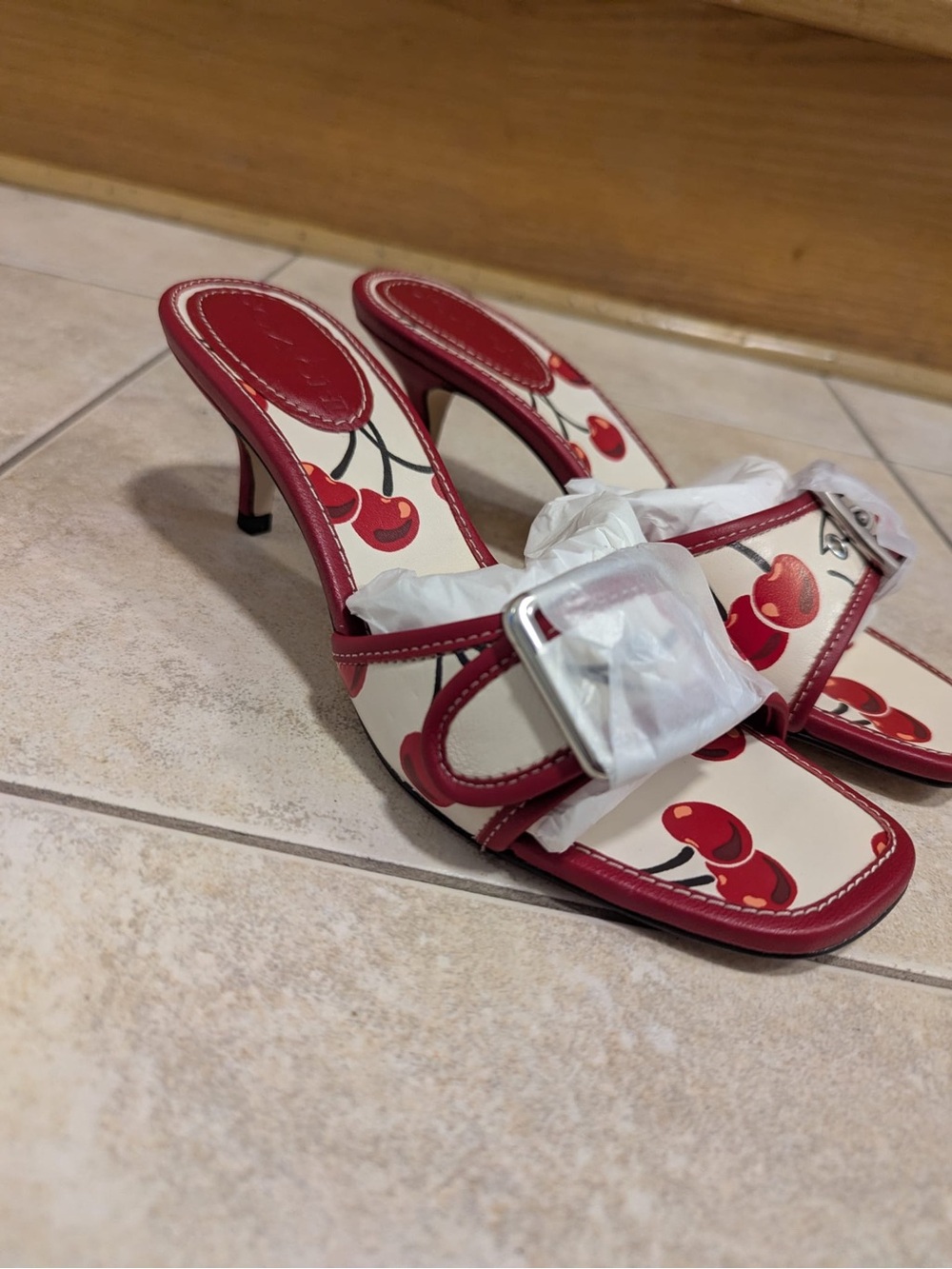 Coach Red and Cream Cherry Print Kitten Heels - Picture 3 of 7